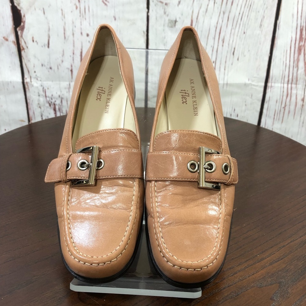 Anne Klein Iflex Tan/Mauve Leather Buckle Loafers - Women's 6.5 Vintage y2k